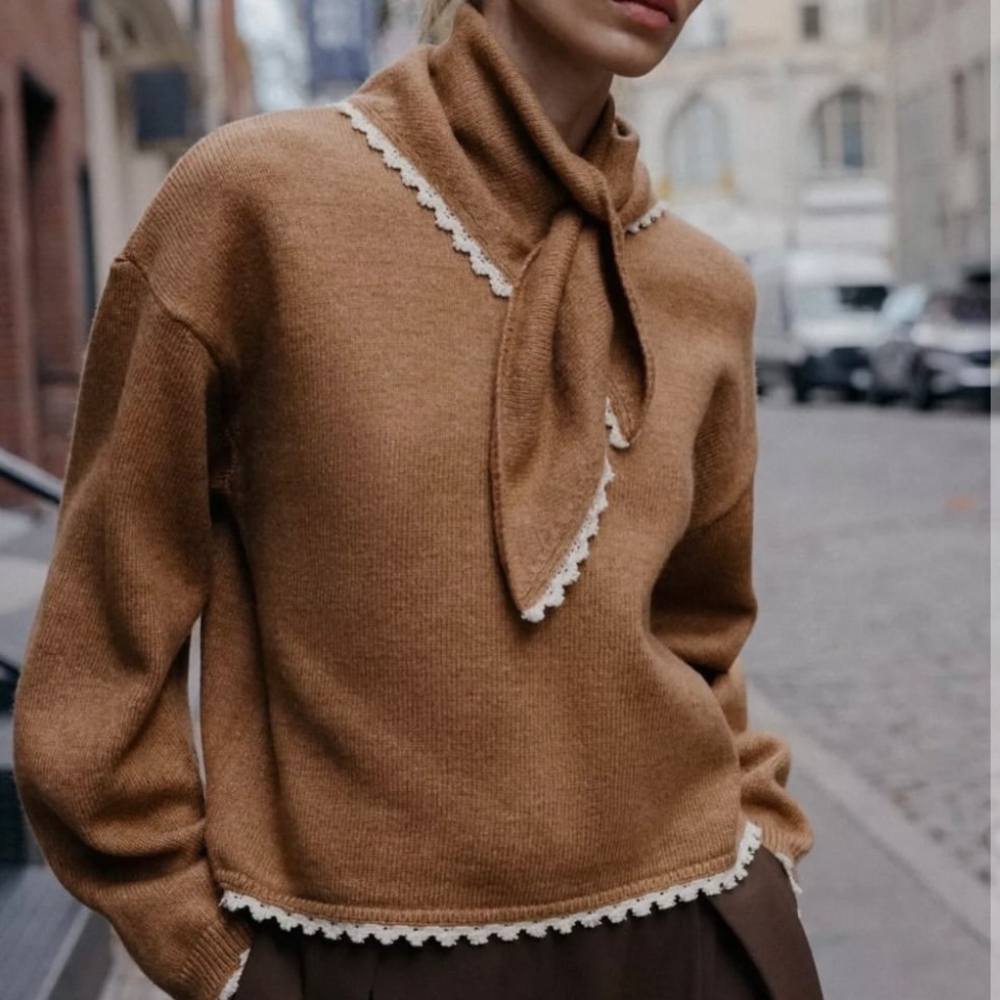 NWT Zara Bandana Lace Contrast Trim Sweater In Tan - S